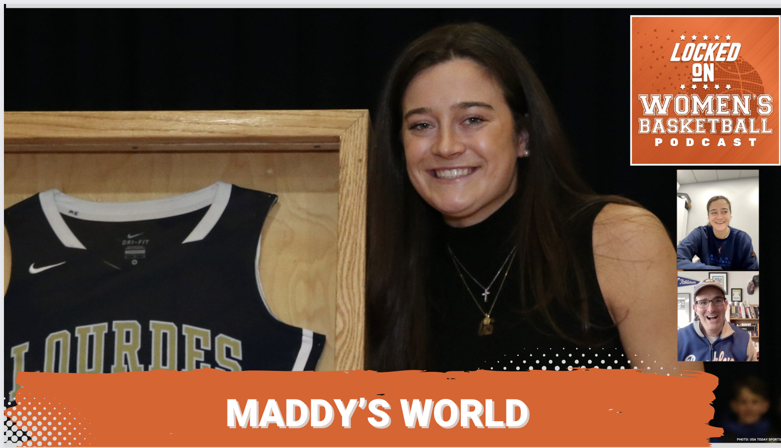 Dallas Wings forward Maddy Siegrist smiles as she poses for a photo next to her high school jersey. The text "Maddy's world" is overlaid at the bottom in all caps, and the orange Locked On Women's Basketball logo is in the top right corner.